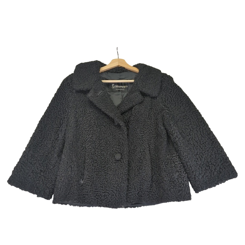 Vintage Schlampps Womens Black Fur Curly Lamb Coat Jacket‎ Wrap Shawl Small